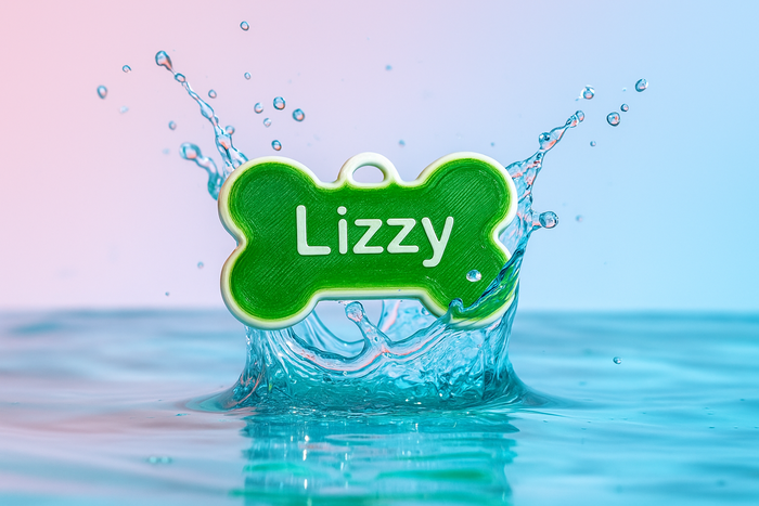 Green bone-shaped pet tag with 'Lizzy' on it, surrounded by water splashes on a gradient background.